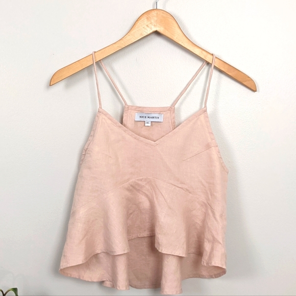 Cropped Spaghetti Strap Ruffled Blouse | 100% Linen | Blush Pink | Size XS - Picture 3 of 10